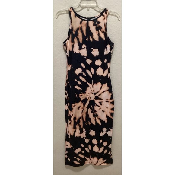 Sleeveless Black & Beige Tie-Dye Midi Bodycon Dress Size S - Picture 2 of 5